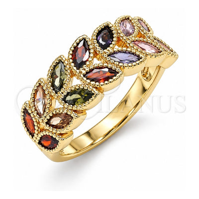 Oro Laminado Multi Stone Ring, Gold Filled Style Leaf Design, with Multicolor Cubic Zirconia, Polished, Golden Finish, 01.346.0019.1.08 (Size 8)