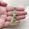 Oro Laminado Religious Pendant, Gold Filled Style Caridad del Cobre Design, with White Cubic Zirconia, Polished, Golden Finish, 05.253.0154