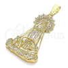 Oro Laminado Religious Pendant, Gold Filled Style Caridad del Cobre Design, with White Cubic Zirconia, Polished, Golden Finish, 05.253.0154