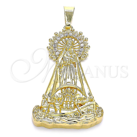 Oro Laminado Religious Pendant, Gold Filled Style Caridad del Cobre Design, with White Cubic Zirconia, Polished, Golden Finish, 05.253.0154