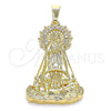 Oro Laminado Religious Pendant, Gold Filled Style Caridad del Cobre Design, with White Cubic Zirconia, Polished, Golden Finish, 05.253.0154