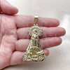 Oro Laminado Religious Pendant, Gold Filled Style Caridad del Cobre Design, with White Cubic Zirconia, Polished, Golden Finish, 05.253.0154