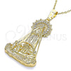 Oro Laminado Religious Pendant, Gold Filled Style Caridad del Cobre Design, with White Cubic Zirconia, Polished, Golden Finish, 05.253.0154