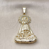 Oro Laminado Religious Pendant, Gold Filled Style Caridad del Cobre Design, with White Cubic Zirconia, Polished, Golden Finish, 05.253.0154