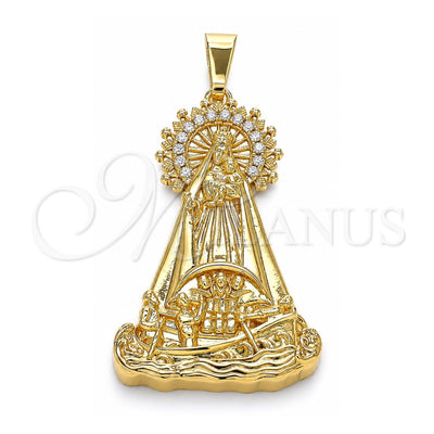 Oro Laminado Religious Pendant, Gold Filled Style Caridad del Cobre Design, with White Cubic Zirconia, Polished, Golden Finish, 05.253.0154