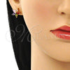 Oro Laminado Earcuff, Gold Filled Style Leaf and Flower Design, with Multicolor Cubic Zirconia, Polished, Golden Finish, 02.210.0629