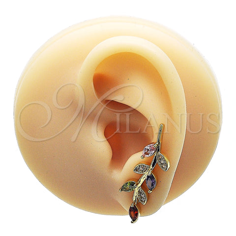 Oro Laminado Earcuff, Gold Filled Style Leaf and Flower Design, with Multicolor Cubic Zirconia, Polished, Golden Finish, 02.210.0629