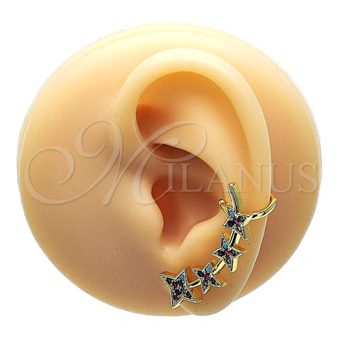 Oro Laminado Earcuff, Gold Filled Style with Multicolor Micro Pave, Polished, Golden Finish, 02.210.0631