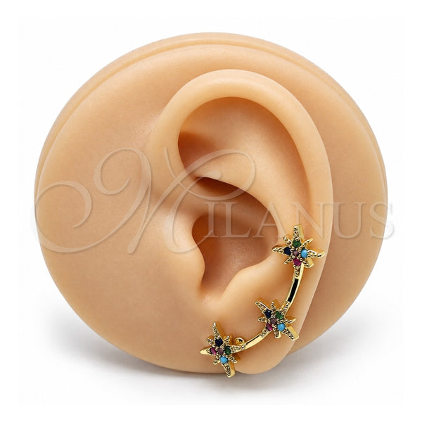 Oro Laminado Earcuff, Gold Filled Style with Multicolor Micro Pave, Polished, Golden Finish, 02.210.0632