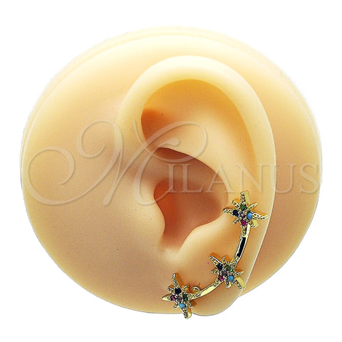 Oro Laminado Earcuff, Gold Filled Style with Multicolor Micro Pave, Polished, Golden Finish, 02.210.0632