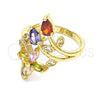Oro Laminado Multi Stone Ring, Gold Filled Style Leaf and Flower Design, with Multicolor Cubic Zirconia, Polished, Golden Finish, 01.283.0025.09 (Size 9)
