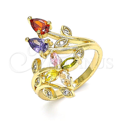 Oro Laminado Multi Stone Ring, Gold Filled Style Leaf and Flower Design, with Multicolor Cubic Zirconia for wholesale, main product view