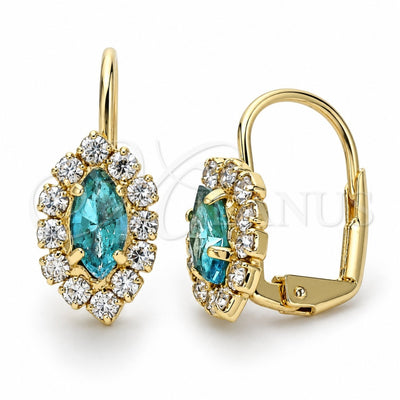 Oro Laminado Leverback Earring, Gold Filled Style Leaf Design, with Blue Topaz and White Crystal, Polished, Golden Finish, 02.122.0082.9