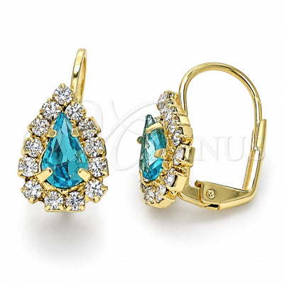 Oro Laminado Leverback Earring, Gold Filled Style Teardrop Design, with Blue Topaz and White Crystal, Polished, Golden Finish, 5.125.012.9