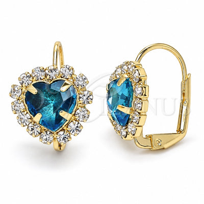 Oro Laminado Leverback Earring, Gold Filled Style Heart Design, with Blue Topaz and White Crystal, Polished, Golden Finish, 02.122.0111.8