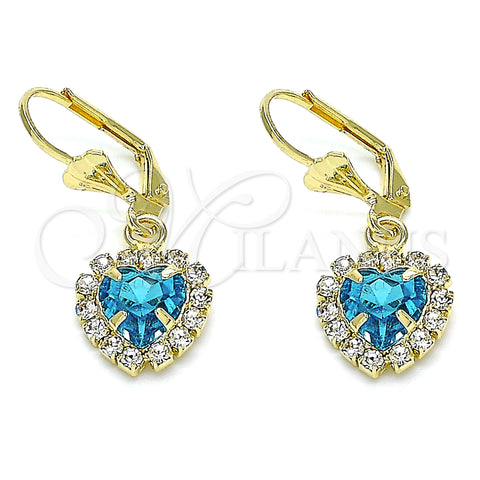 Oro Laminado Dangle Earring, Gold Filled Style Heart Design, with Blue Topaz and White Crystal, Polished, Golden Finish, 02.122.0114.8