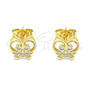 Oro Laminado Stud Earring, Gold Filled Style Owl Design, with White Micro Pave, Polished, Golden Finish, 02.156.0594