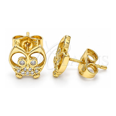 Oro Laminado Stud Earring, Gold Filled Style Owl Design, with White Micro Pave, Polished, Golden Finish, 02.156.0594