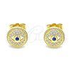 Oro Laminado Stud Earring, Gold Filled Style Evil Eye Design, with Sapphire Blue Cubic Zirconia and White Micro Pave, Polished, Golden Finish, 02.156.0596