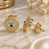 Oro Laminado Stud Earring, Gold Filled Style Evil Eye Design, with Sapphire Blue Cubic Zirconia and White Micro Pave, Polished, Golden Finish, 02.156.0596