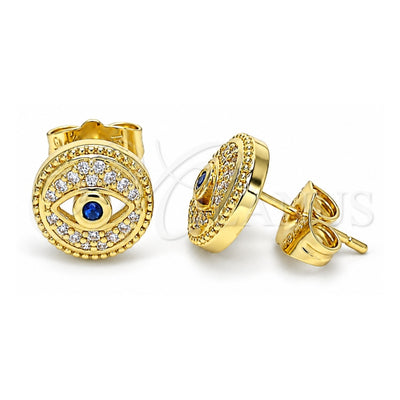 Oro Laminado Stud Earring, Gold Filled Style Evil Eye Design, with Sapphire Blue Cubic Zirconia and White Micro Pave, Polished, Golden Finish, 02.156.0596
