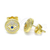 Oro Laminado Stud Earring, Gold Filled Style Evil Eye Design, with Sapphire Blue Cubic Zirconia and White Micro Pave, Polished, Golden Finish, 02.156.0596
