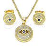Oro Laminado Earring and Pendant Adult Set, Gold Filled Style Evil Eye Design, with Sapphire Blue Cubic Zirconia and White Micro Pave, Polished, Golden Finish, 10.156.0386