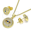 Oro Laminado Earring and Pendant Adult Set, Gold Filled Style Evil Eye Design, with Sapphire Blue Cubic Zirconia and White Micro Pave, Polished, Golden Finish, 10.156.0386