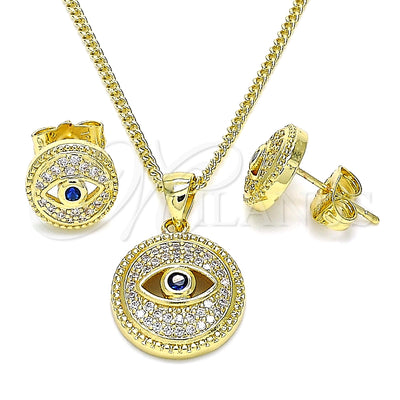 Oro Laminado Earring and Pendant Adult Set, Gold Filled Style Evil Eye Design, with Sapphire Blue Cubic Zirconia and White Micro Pave, Polished, Golden Finish, 10.156.0386