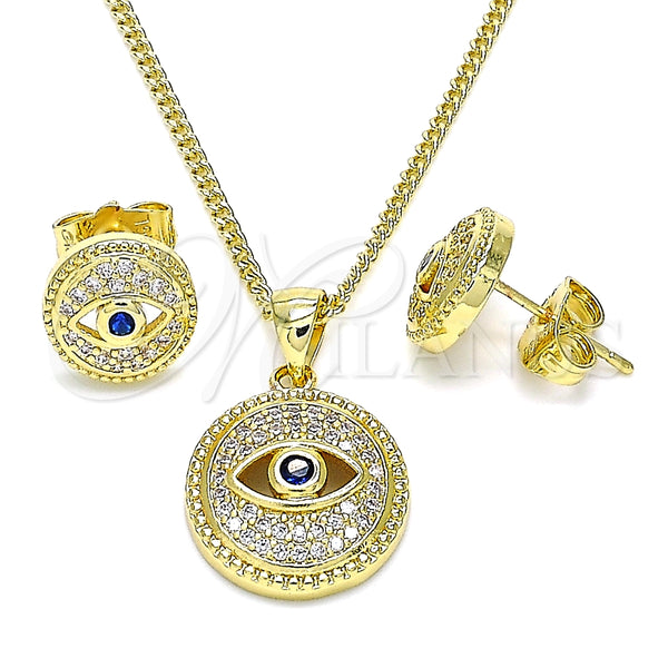 Oro Laminado Earring and Pendant Adult Set, Gold Filled Style Evil Eye Design, with Sapphire Blue Cubic Zirconia and White Micro Pave, Polished, Golden Finish, 10.156.0386