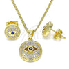 Oro Laminado Earring and Pendant Adult Set, Gold Filled Style Evil Eye Design, with Sapphire Blue Cubic Zirconia and White Micro Pave, Polished, Golden Finish, 10.156.0386