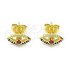 Oro Laminado Stud Earring, Gold Filled Style Evil Eye Design, with Garnet Cubic Zirconia and Multicolor Micro Pave, Polished, Golden Finish, 02.156.0597