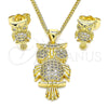 Oro Laminado Earring and Pendant Adult Set, Gold Filled Style Owl Design, with White Micro Pave, Polished, Golden Finish, 10.156.0389