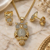 Oro Laminado Earring and Pendant Adult Set, Gold Filled Style Owl Design, with White Micro Pave, Polished, Golden Finish, 10.156.0389