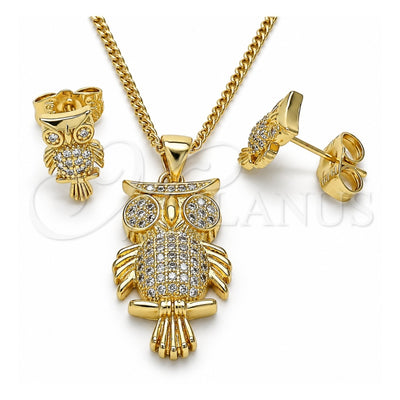 Oro Laminado Earring and Pendant Adult Set, Gold Filled Style Owl Design, with White Micro Pave, Polished, Golden Finish, 10.156.0389