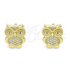 Oro Laminado Stud Earring, Gold Filled Style Owl Design, with Ruby and White Micro Pave, Polished, Golden Finish, 02.156.0599