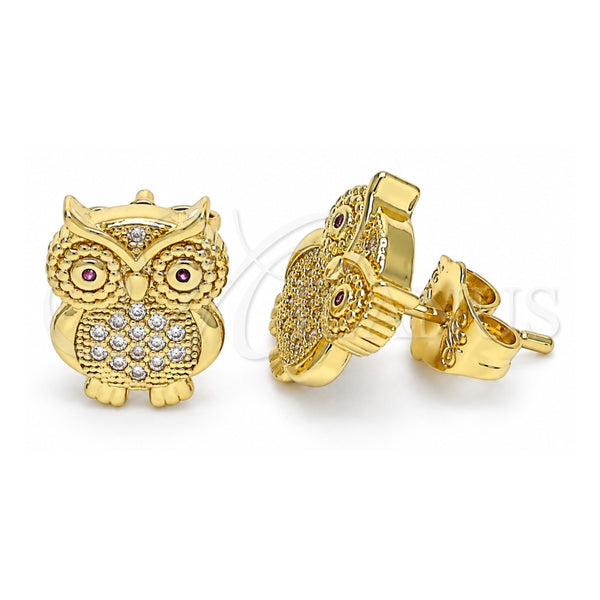 Oro Laminado Stud Earring, Gold Filled Style Owl Design, with Ruby and White Micro Pave, Polished, Golden Finish, 02.156.0599