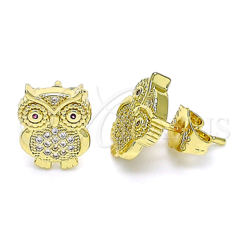 Oro Laminado Stud Earring, Gold Filled Style Owl Design, with Ruby and White Micro Pave, Polished, Golden Finish, 02.156.0599