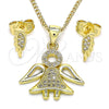 Oro Laminado Earring and Pendant Adult Set, Gold Filled Style Angel Design, with White Micro Pave, Polished, Golden Finish, 10.156.0393