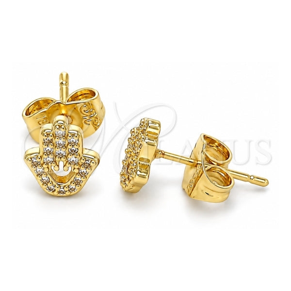 Oro Laminado Stud Earring, Gold Filled Style Judaica and Hand of God Design, with White Micro Pave, Polished, Golden Finish, 02.156.0604