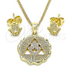 Oro Laminado Earring and Pendant Adult Set, Gold Filled Style Hand of God Design, with White Micro Pave, Polished, Golden Finish, 10.156.0396
