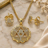 Oro Laminado Earring and Pendant Adult Set, Gold Filled Style Hand of God and Judaica Design, with White Micro Pave, Polished, Golden Finish, 10.156.0396