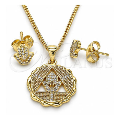 Oro Laminado Earring and Pendant Adult Set, Gold Filled Style Hand of God and Judaica Design, with White Micro Pave, Polished, Golden Finish, 10.156.0396