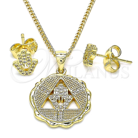 Oro Laminado Earring and Pendant Adult Set, Gold Filled Style Hand of God Design, with White Micro Pave, Polished, Golden Finish, 10.156.0396