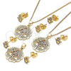 Oro Laminado Earring and Pendant Adult Set, Gold Filled Style Hand of God and Judaica Design, with White Micro Pave, Polished, Golden Finish, 10.156.0396