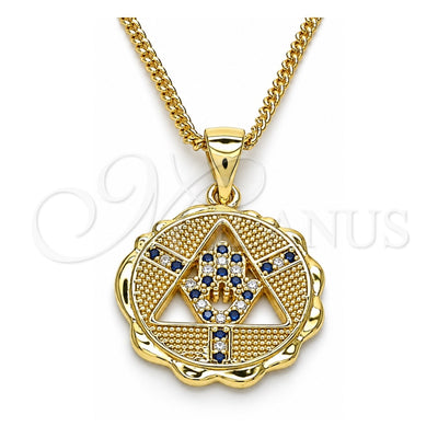 Oro Laminado Pendant Necklace, Gold Filled Style Hand of God and Judaica Design, with Sapphire Blue and White Micro Pave, Polished, Golden Finish, 04.341.0065.2.20 (02 MM Thickness, 20 Inches Length)