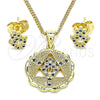 Oro Laminado Earring and Pendant Adult Set, Gold Filled Style Hand of God Design, with Sapphire Blue and White Micro Pave, Polished, Golden Finish, 10.156.0396.2