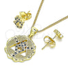 Oro Laminado Earring and Pendant Adult Set, Gold Filled Style Hand of God and Judaica Design, with Sapphire Blue and White Micro Pave, Polished, Golden Finish, 10.156.0396.2