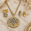 Oro Laminado Earring and Pendant Adult Set, Gold Filled Style Hand of God and Judaica Design, with Sapphire Blue and White Micro Pave, Polished, Golden Finish, 10.156.0396.2