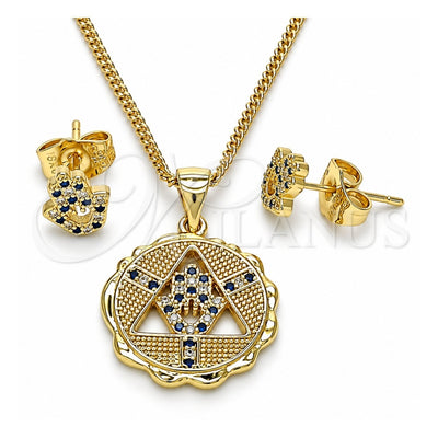 Oro Laminado Earring and Pendant Adult Set, Gold Filled Style Hand of God and Judaica Design, with Sapphire Blue and White Micro Pave, Polished, Golden Finish, 10.156.0396.2